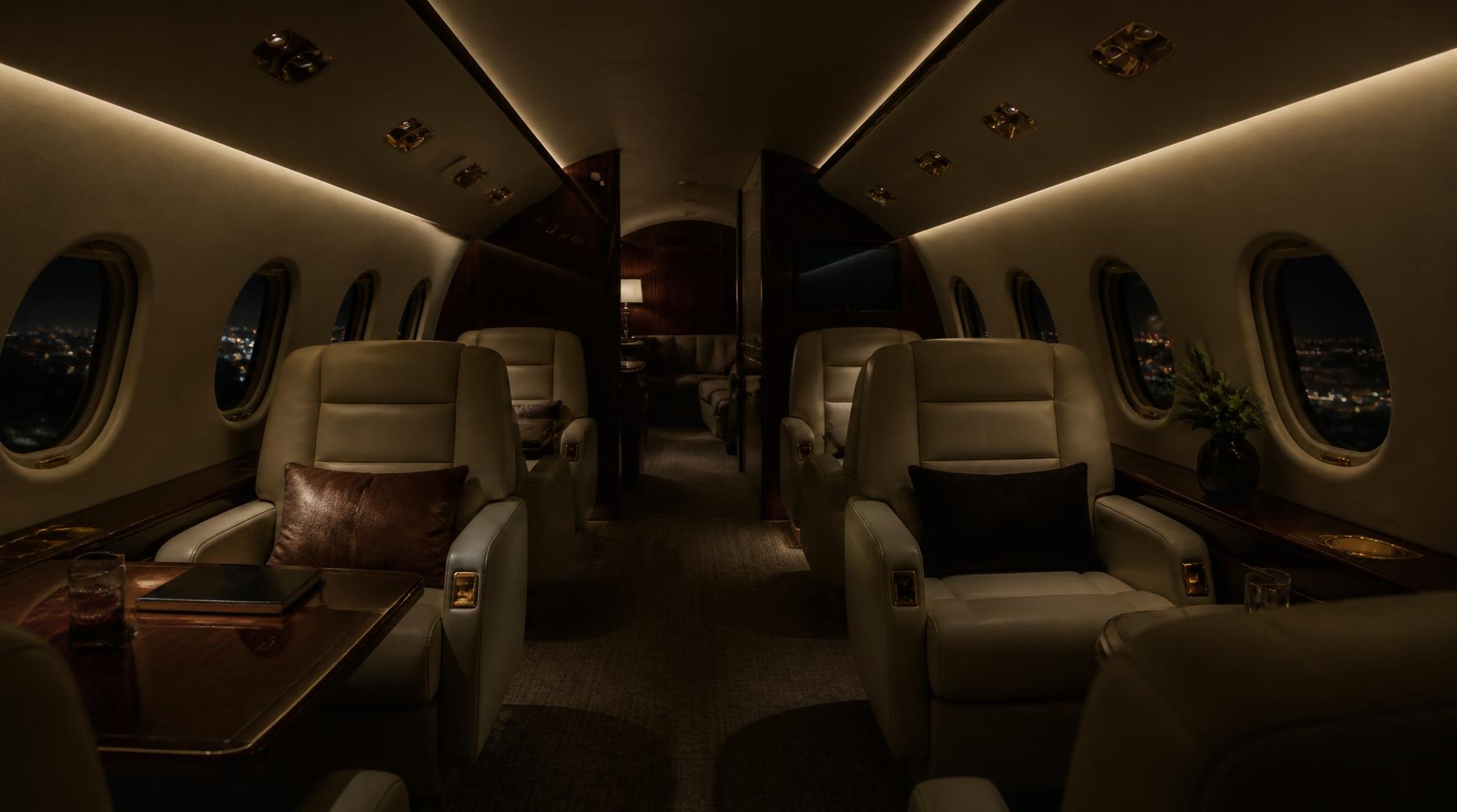 Warmly lit private jet cabin interior at night
