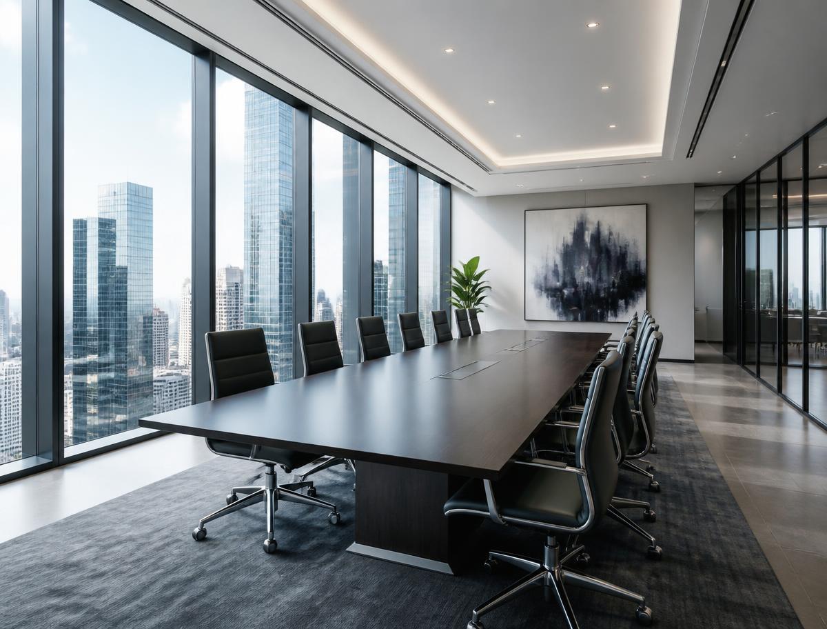 Modern boardroom overlooking a city skyline