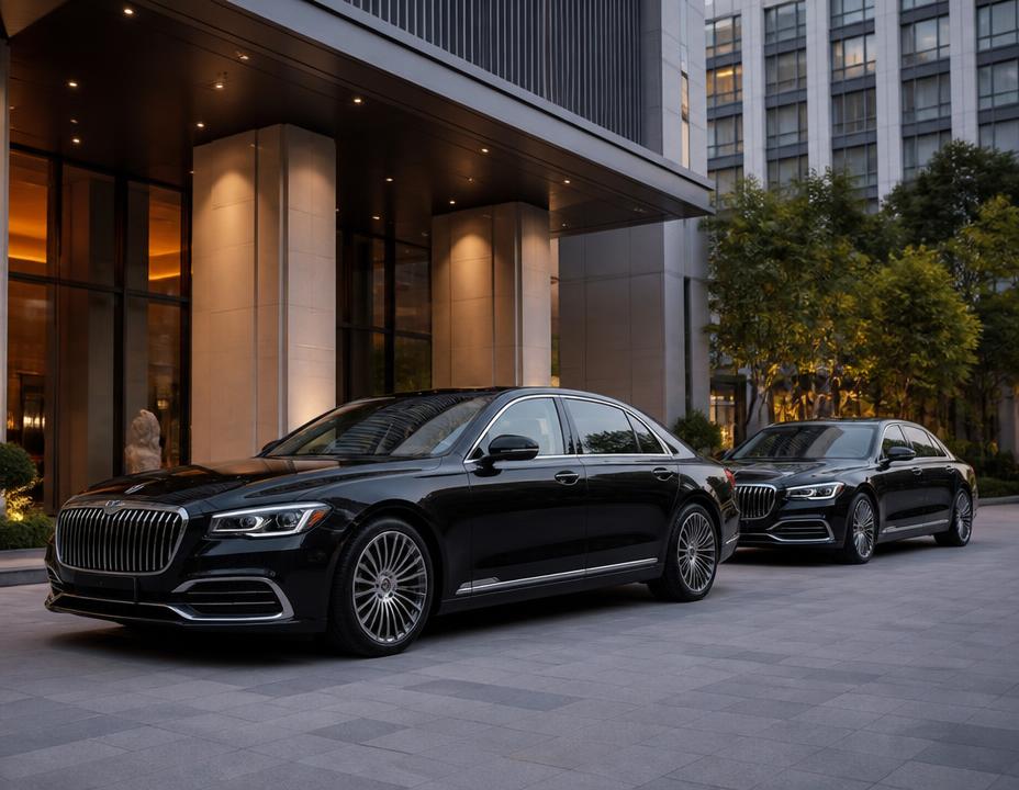 Black ultra-luxury sedans at a modern hotel forecourt