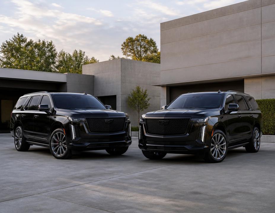 Two black full-size executive SUVs in a concrete motorcourt