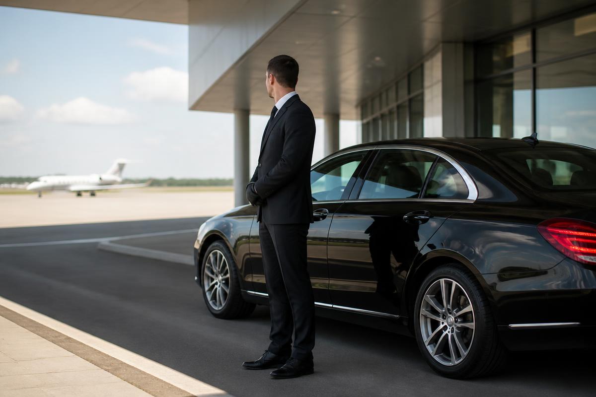 Chauffeur waiting beside an executive sedan at a private terminal
