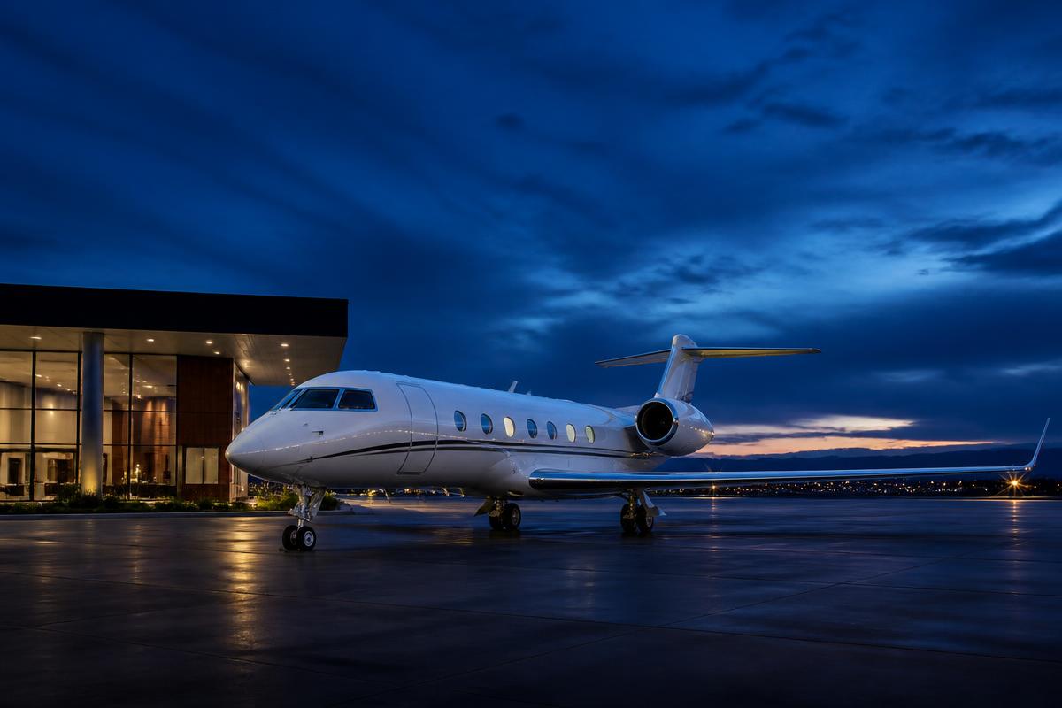 Private jet on the tarmac beside a private terminal at dusk