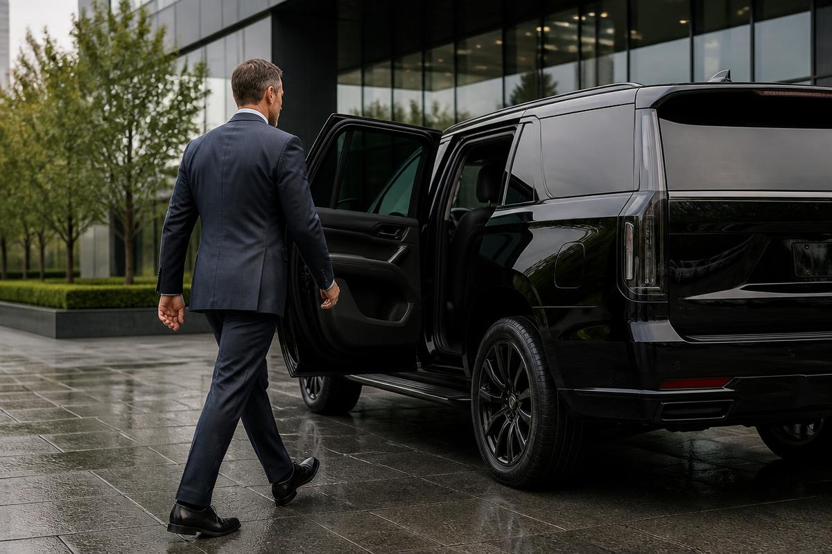 Executive entering a black luxury SUV outside a corporate building